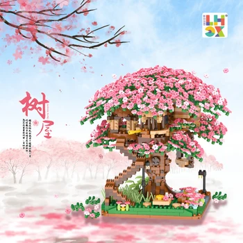 3D Mirco Sakura Cvet Treehouse Gradnik Ustvarjalne Street View Češnjev Cvet Dekor DIY Opeke Valentinovo Igrače Darila