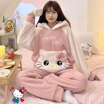 Lepe Risanke Sanrio Hello Kitty Plišastih Sleepwear Pozimi Prosti Čas Udobje Zadebelitev Koralni Žamet Pižamo Giris Gospodinjski Oblačila