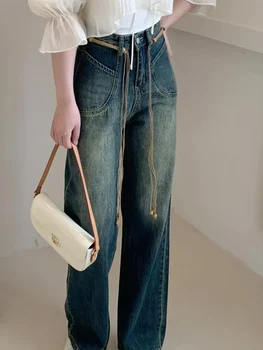 Poletje Vintage Vse-tekmo Ženske Jeans, Moda Preprosto Naravnost Priložnostne Širok Noge Hlače Visoko Pasu Oprati Stiski Ženske Hlače